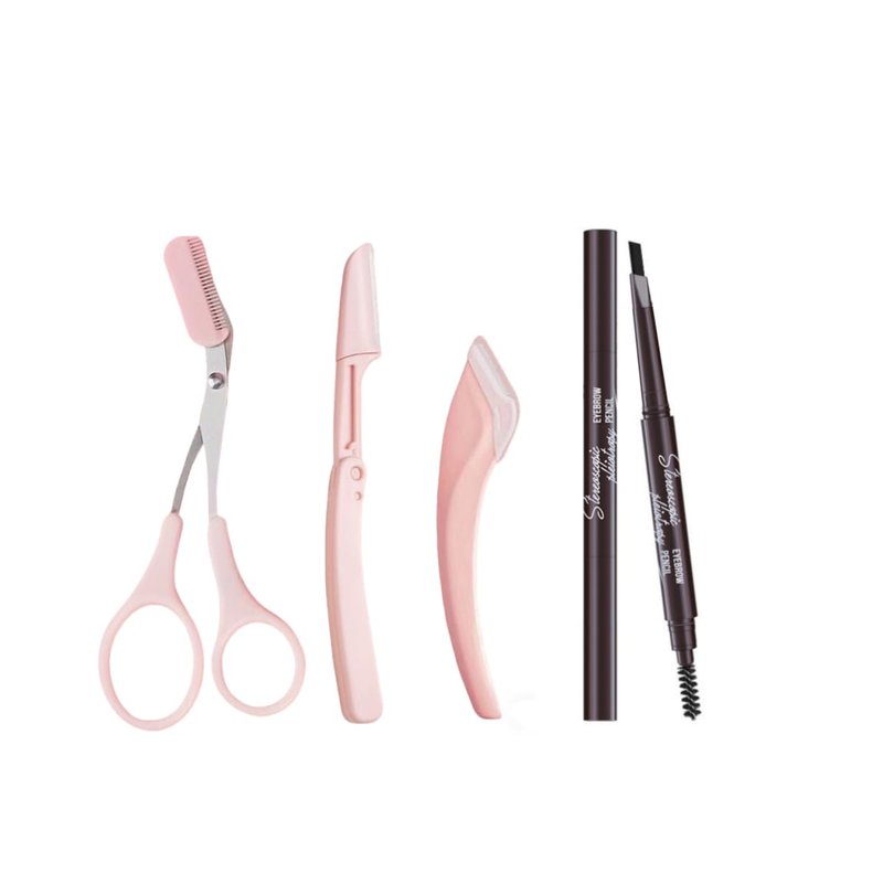 4-in-1 Brow Shaping Kit - Eyebrow Trimming, Shaping & Defining Set with Scissors, Razors, Pencil - Travel-Friendly, Beginner-Friendly