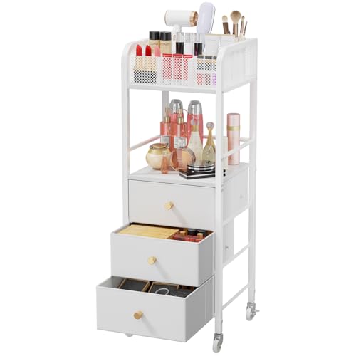 HapiRm Rolling Makeup Cart Organizer - Floor Skincare Make Up Storage with 3 Non-woven Fabric Drawers, Vanity Organizer Cosmetic Display Cases Holder for Skin Care Perfume Nail Polish Brush Hair Tool