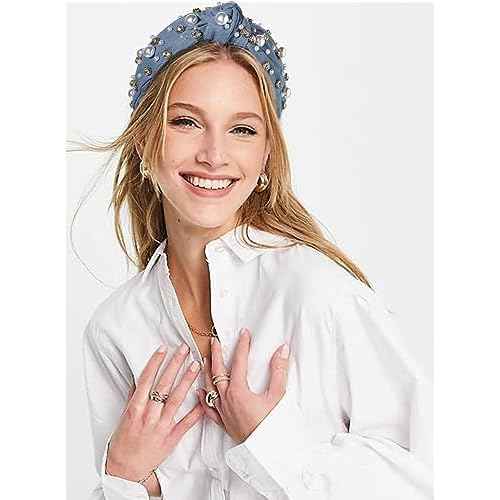 Pearl Knotted Headband for Women White Pearl Rhinestone Crystal Jeweled Embellished Hairband Fashion Elegant Ladies Wide Top Knot Bride Boho Head Band Headpieces Bachelorette Party Hair Accessories
