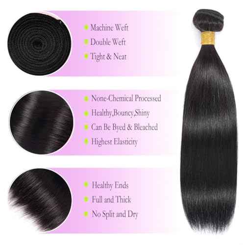 12A Straight Bundles Human Hair 20 22 24 Inches, 100% Unprocessed Brazilian Virgin Straight Human Hair Bundles for Women, Sew In Quick Weave 3 Silky Bundles Human Hair, 300g/Pack Natural Black Color