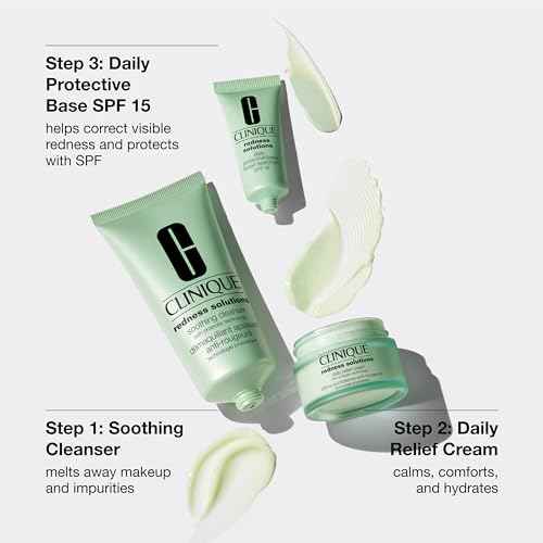 Clinique Redness Solutions Redness Regimen Skincare Set | Soothing Cleanser, 2.5 Fl Oz | Daily Relief Cream, 1 Fl Oz | Daily Protective Base Broad Spectrum SPF 15, 0.5 Fl Oz