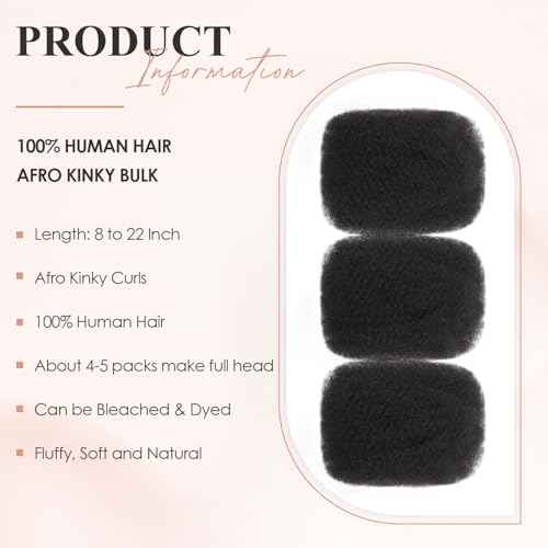 Teresa Afro Kinkys Bulk Human Hair For Twists, Afro Kinky-Curly Human Hair Bulk For Dreadlocks Extensions,Bulk Human Braiding Hair Afro Kinky Twist Extensions Natural And Soft (22 Inch, 30g/Pack)