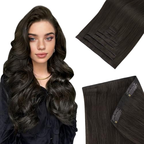 HOTBANANA Invisi Edge Clip in Hair Extensions, 16inch 110g 7Pcs Injected Seamless Clip in Extensions Real Human Hair Dark Brown PU Hair Extensions Straight Hair
