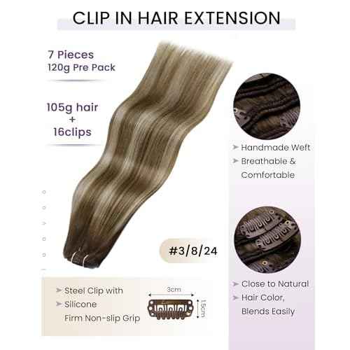 LaaVoo Human Hair Clip in Extensions Brown Real Hair Extensions Clip in Human Hair Dark Brown to Light Brown with Blonde Balayage Hair Extensions Clip ins Long Straight 20 Inch 120g 7pcs