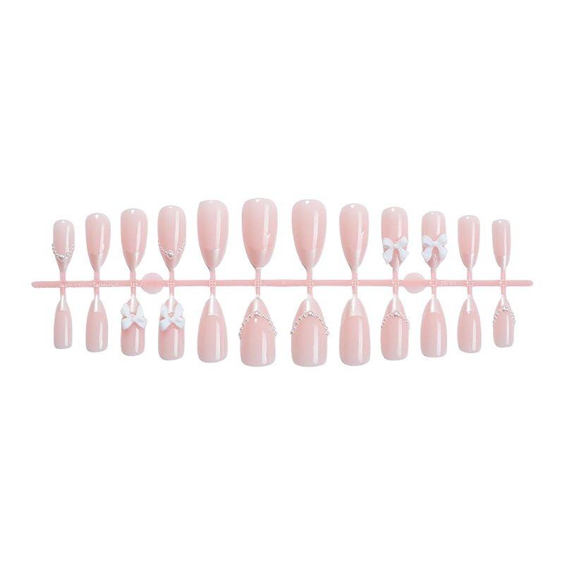 24Pcs Medium Almond Press on Nails French Tip Fake Nails 3D White Bow with Pearl Design Nude Pink Full Cover Glue on Nails Cute False Nails Artificial Acrylic Stick on Nails for Women Manicure Salon