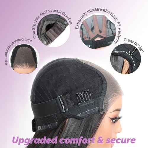 U&A Ua Hair Glueless Natural Black Straight Layered Wig Wear and Go 9x7 Lace Front Synthetic Wig Pre style Pre Plucked Pre Cut Vivid Self-growing Hairline Tiny Knots Premium Fiber 22Inch