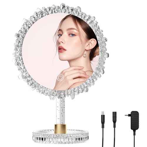 Makeup Mirror with Lights,18"x12"Large LED Lighted Makeup Mirror with Crystal Frame,3-Color Lighting Mode,Intelligent Touch Control,Rotatable,for Vanity Desk Tabletop,Bedroom,Women's Gift,White