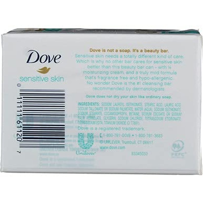Dove Sensitive Skin Beauty Bar - Unscented Hypo-Allergenic Formula | 4 oz, Pack of 6 Bars