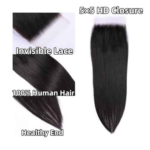 Savasana 5x5 HD Lace Closure Human Hair Straight Pre Plucked with Baby Hair HD Closure for Black Women Skin Like Brazilian Virgin Natural Black 16 Inch