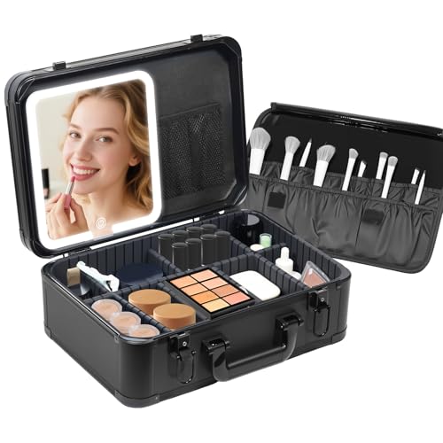 15"x11" Makeup Case with Lighted Mirror & Brush Holder - Waterproof Travel Organizer, Customizable Storage, Rechargeable LED Vanity for Women (black)