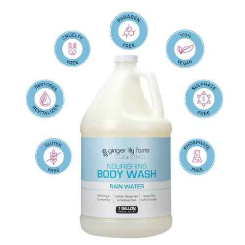 Ginger Lily Farms Club & Fitness Nourishing Body Wash, 100% Vegan & Cruelty-Free, Bath & Shower Gel for Men and Women, Rain Water Scent, 1 Gallon (128 fl. oz.) Refill