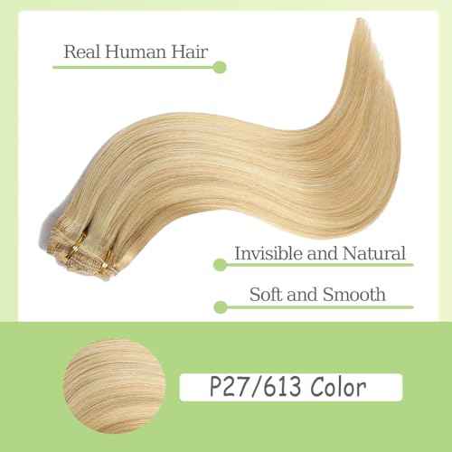 26 Inch P27/613 Blonde Clip in Hair Extensions - Real Remy Human Hair, 120g 7pcs, Highlight Blonde Human Hair Extensions Clip ins for Women