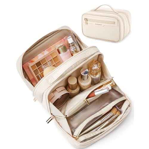 BAGSMART Travel Makeup Bag, Make Up Bag with Multiple Compartments for Organizer, Durable & Compact Cosmetic Organizer for Women for Travel Accessories (Beige)