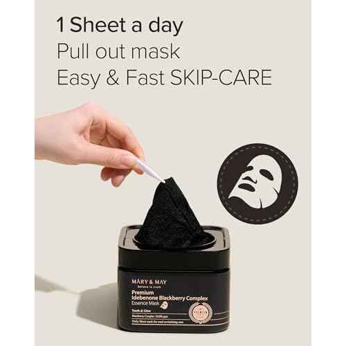 Mary&May Premium Idebenone Blackberry Complex Essence Mask - Quick Dispenser Type Anti Aging Korean Face Mask Sheet - Vitamin C, Panthenol, and Ceramide for Moisturizing and Radiant Skin, 20 Sheets