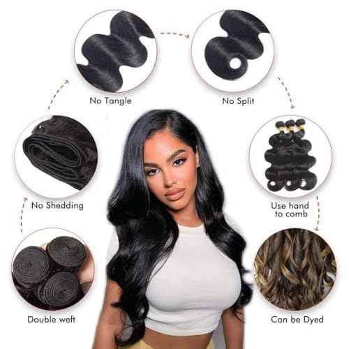 Body Wave Human Hair Bundles 20 22 24 Inch Brazilian 12A Body Wave 3 Bundles Human Hair Weave Bundles 100% Unprocessed Human Hair Extensions Virgin Hair Natural Black