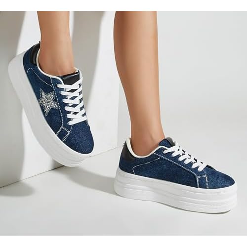 BELOS Fashion Platform Women Sneakers Faux Suede Stars Holographic Rainbow Walking Shoes