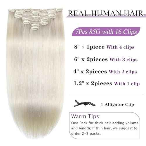 Human Hair Clip in Extensions 22 Inch Clip in Hair Extensions Real Human Hair Platinum Blonde Remy Human Hair Clip ins, Straight Silky Hair Extensions for Women, 85g 7Pcs Easy to Install