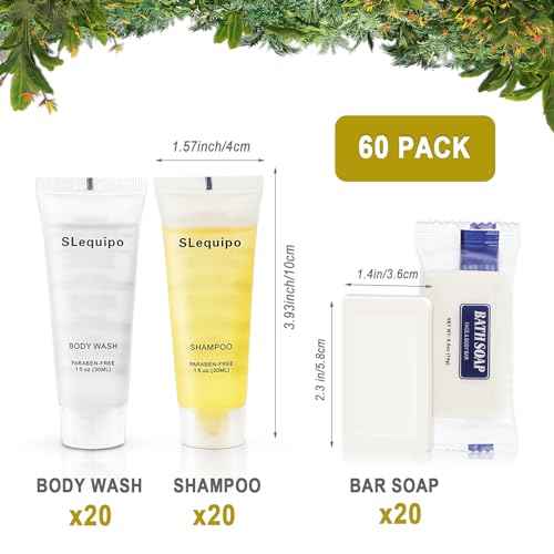 Travel Size Hotel Toiletries Bulk Set: 20 Bar Soap 0.5oz, 20 Shampoo, 20 Body Wash - 60 Pcs, Mini Guest Toiletries, Hotel Amenities