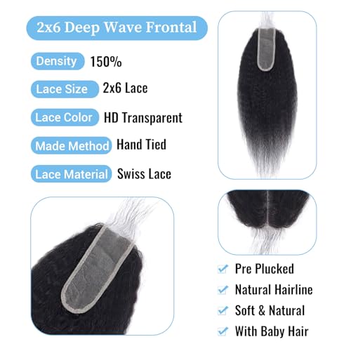 Kinky Straight 2x6 HD Lace Frontal Closure 12A Brazilian Raw Virgin Yaki Kinky Straight Human Hair Closure Natural Hairline Pre Plucked 16 Inch