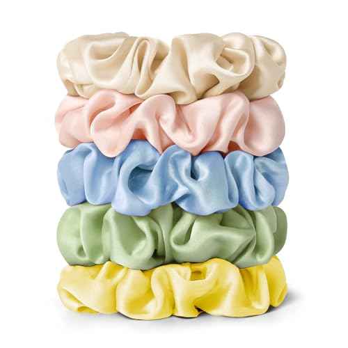 LILYSILK Silk Hair Scrunchies Ties for Frizz & Breakage Prevention 100% Mulberry Elastic Ponytail Holder 5PC (gravel gold+pale pink +ice blue+pale green+LILYAUREA)