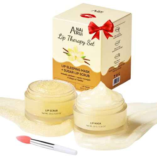 ANAI RUI Lip Mask and Scrub Set, Lip Sleeping Mask & Lip Exfoliator/Scrub for Exfoliating & Lip Overnight Treatment, Lip Care Gift Kits for Dry, Chapped & Dark Lips, Christmas Gifts, Vanilla