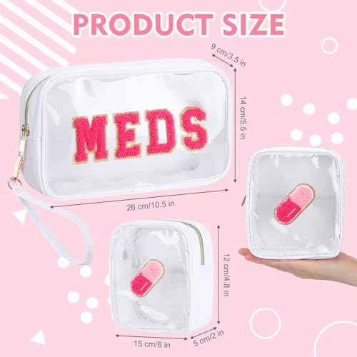 Hillban 2 Pcs Medicine Chenille Letter Bag Preppy Clear Nylon Portable Makeup Meds Cases for Travel PVC Transparent Mini First Aid Storage Bag Gift for Christmas Women(Adorable)