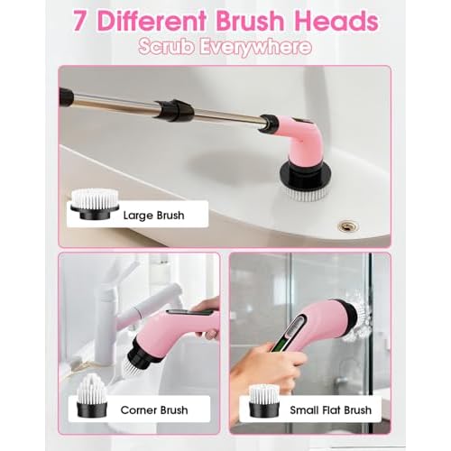 Electric Spin Scrubber for Cleaning Bathroom: Cordless Power Shower Scrubber - Electric Cleaning Brush for Tile Tub - Pink