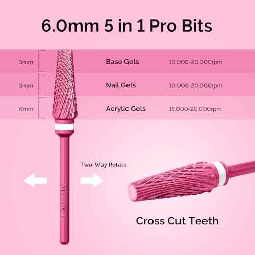 MelodySusie Upgrade 5 in 1 Nail Drill Bits, 3/32'' Carbide Tungsten Multi-Function Mixed Sizes Edition, Suitable for Manicure Pedicure Cuticle Gel Polishing, Professional Advanced Bits, Pink Blossom