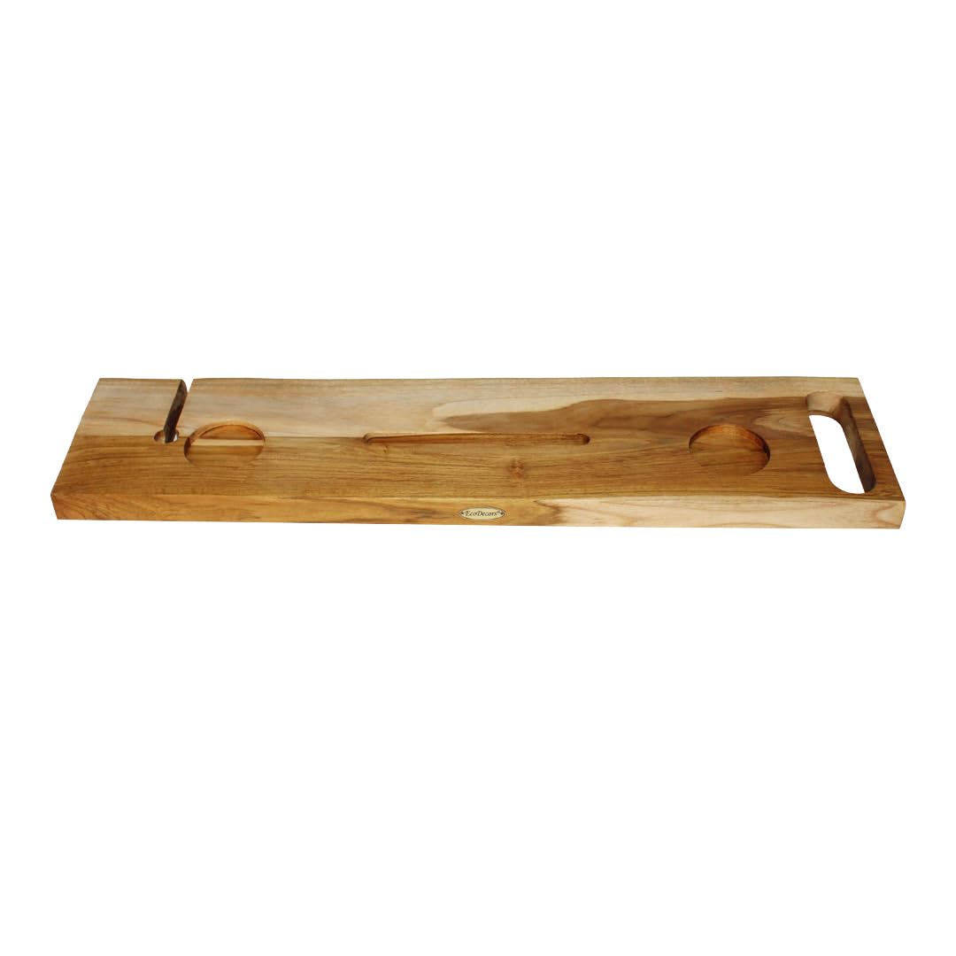 EcoDecors Eleganto 36" Live Edge Solid Teak Bath Caddy Tray with Handle, Book & Tablet Holder, Wine Glass Holders, Luxury Bathtub Tray