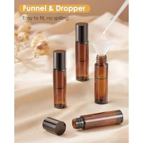 25 Pack Essential Oil Roller Bottles, 10ml Refillable Amber Glass Roller Bottles with Stainless Steel Roller Balls and Caps for Travel, Perfume and Lip Gloss