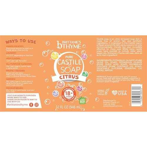 Brittanie's Pure Castile Liquid Soap Citrus ? 2 Pack (32oz Each) | Natural, Organic, Multi-Purpose Soap for Body, Face, Home & Pets | Vegan, Sulfate-Free, Made in USA