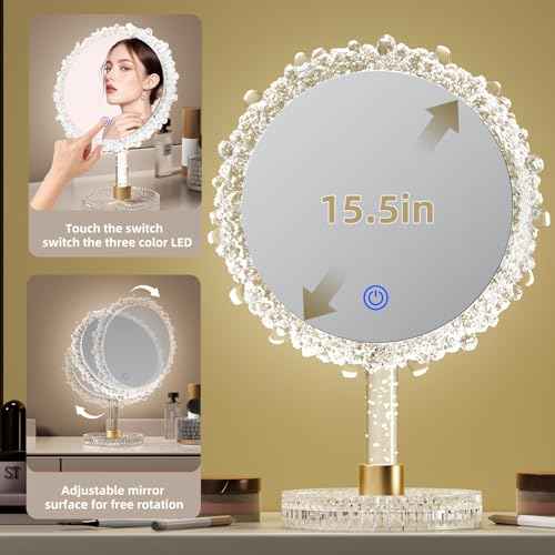 Makeup Mirror with Lights,18"x12"Large LED Lighted Makeup Mirror with Crystal Frame,3-Color Lighting Mode,Intelligent Touch Control,Rotatable,for Vanity Desk Tabletop,Bedroom,Women's Gift,White
