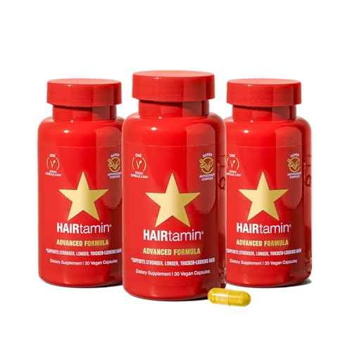 HAIRtamin Advanced Formula Hair Growth Supplement for Women & Men, Supports Stronger, Longer, Visibly Thicker Hair, With 5000 mcg Biotin, Vitamins & Antioxidants, 100% Vegan ? 3 Month Supply
