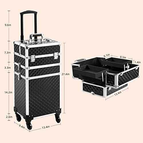 Rolling Makeup Case 3 in 1,Professional Makeup Train Case organizers,Large Storage Cosmetic case Trolley,Makeup Travel Case for Salon Barber Black