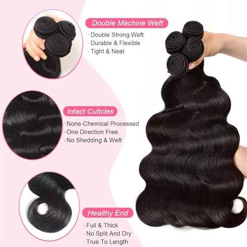 Hswpawk 12A Human Hair Bundles 22 24 26 Inch Body Wave Bundles Human Hair 100% Unprocessed Brazilian Virgin Hair 3 Bundles Hair Weft Weave Natural Black Color