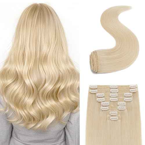 S-noilite Hair Extensions Clip in Human Hair 14 Inch Clip in Hair Extensions Bleach White Hair Extensions Real Human Hair 8PCS 120G Remy Hair Clip in Extensions Double Weft #70