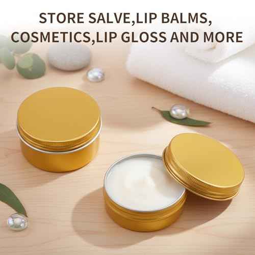 Patelai 2 oz 120 Pcs Metal Round Tins Aluminum Tin Cans Salve Tins Containers with Screw Lid 20 Sheets Stickers for Christmas Salve Spice Candies Balms Candles(Gold)
