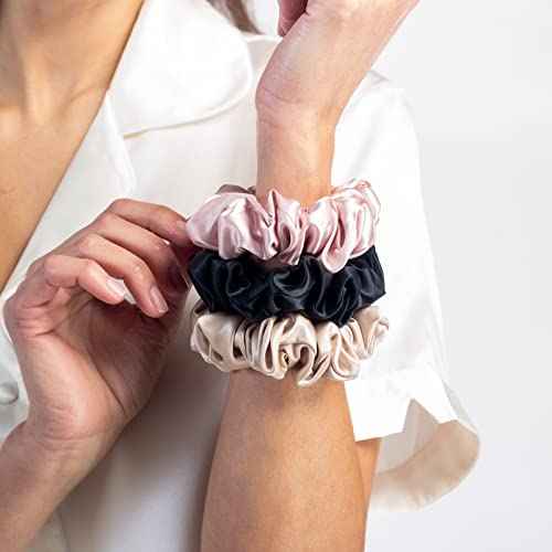 Fishers Finery Large Silk Scrunchies, 25 Momme Pure Mulberry Silk - Hair Tie Set, Anti-Frizz and Damage (Pink 3 PK)
