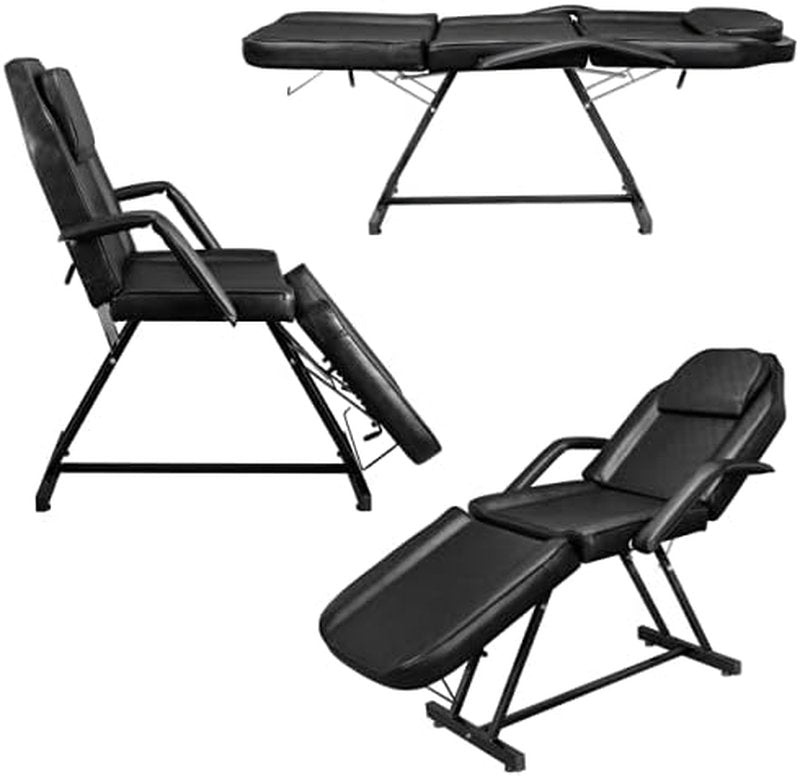 OmySalon Massage Salon Tattoo Chair Esthetician Bed with Hydraulic Stool,Multi-Purpose 3-Section Facial Bed Table, Adjustable Beauty Barber Spa Beauty Equipment, Black