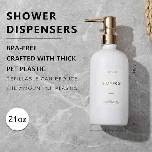HOMCDALY Shampoo and Conditioner Dispenser, 21oz 3-Pack Refillable Pump Bottles, Shampoo Container, Empty Pump Bottle, Bathroom Shower Dispenser£¨21oz-White&Gold£©