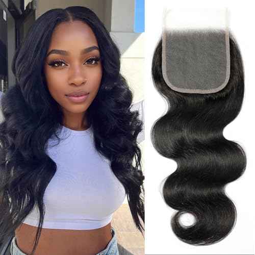 4x4 Transparent HD Lace Closure Human Hair Closure Invisible Lace Human Hair Frontal Closure Human Hair Extensions Pre Plucked Natural Black (16Inch,Body Wave)