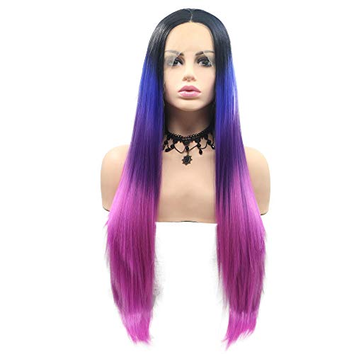 24" Long Straight Black Ombre Purple Synthetic Lace Front Wig for Women Cosplay Party Drag Queen Hairstyle 1B Black to Violet/Rose Red Mermaid Colorful Wedding Wigs Natural Hairline