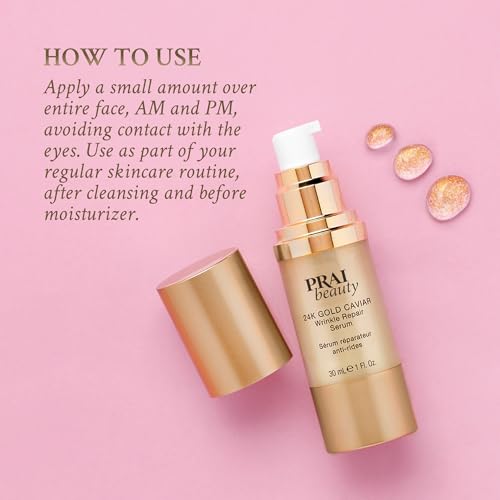 PRAI Beauty 24K Gold Caviar Wrinkle Repair Serum for Face | Anti-Aging Serum with Hyaluronic Acid to Plump and Fill In Wrinkles 3.4 oz