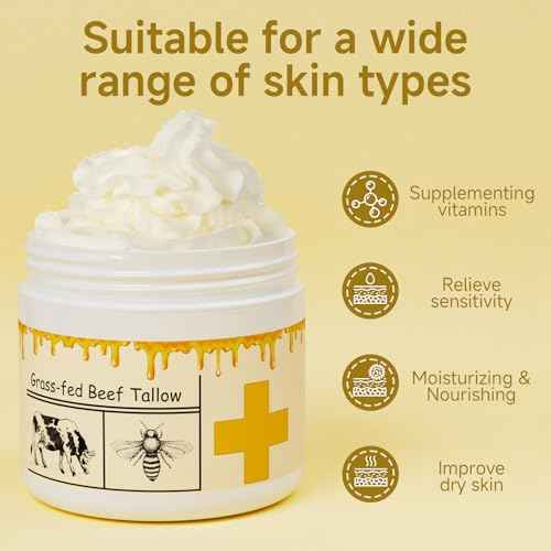 Beef Tallow for Skin, Beef Tallow, Tallow and Honey Cream, Grass Fed Beef Tallow, Whipped Beef Tallow for Face Moisturizer for All Purpose with Raw Honey Tallow Balm 150 Gram(5.3oz)