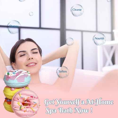 KAV Donut Bath Bombs Gift Set ? 4 Piece Handmade Organic Bath Bomb Kit with Essential Oils ? Relaxation Spa Gift for Women, Men, Teens, Kids ? Self Care & Aromatherapy Soak