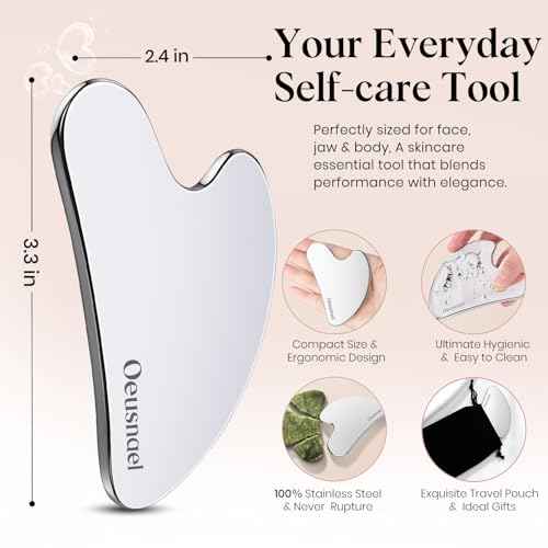 Stainless Steel Gua Sha Facial Tools, Lymphatic Drainage Massager for Face Sculpting, Chin & Jawline Shaper, Metal Guasha Tool for Body Eyes Neck, Self Skin Care Gift for Women Men with Pouch