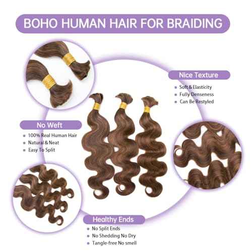 YWIGS Bulk Human Hair for Braiding Body Wave Blend #4/30 Boho Human Hair No Weft Human Braiding Hair 100G 18inch