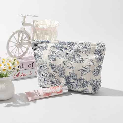 Cosmetic Bags for Women - Corduroy Cosmetic Bag Aesthetic Women Handbags Purses Smile Dots Makeup Organizer Storage Makeup Bag Girls Case Bags (Flowers-Navy blue)