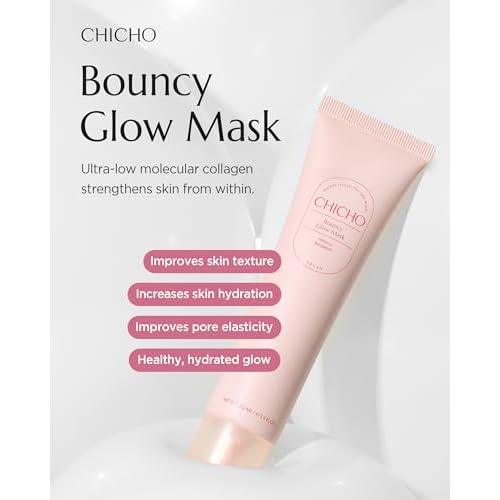 CHICHO Bouncy Glow Mask 300Da Ultramolecular Hibiscus Collagen - Korean Face Peel Off Mask Skin Elasticity Radiant Glow Hydrating Sensitive Skin - Vegan, Hypoallergenic, 2.03 fl.oz.