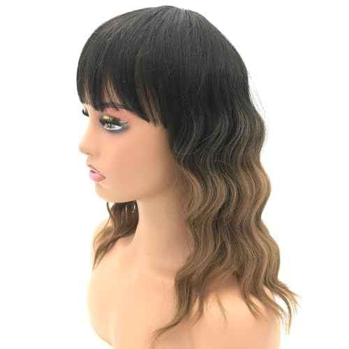 Short Bob Wig with Bangs Curly Wavy Wigs Shoulder Length Wigs for Women Girls Heat Resistant Synthetic Wig Halloween Cosplay Costume Black Ombre Brown